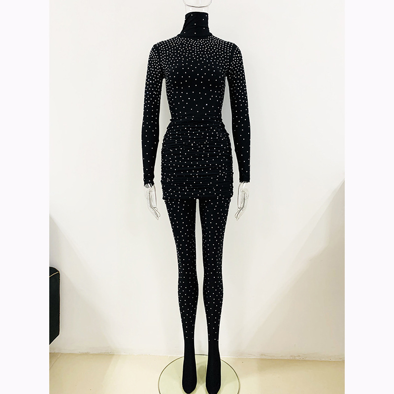 Fashion Rhinestone High Neck Long Sleeve Bodysuit & Ruffled Skirt Set - Image 3