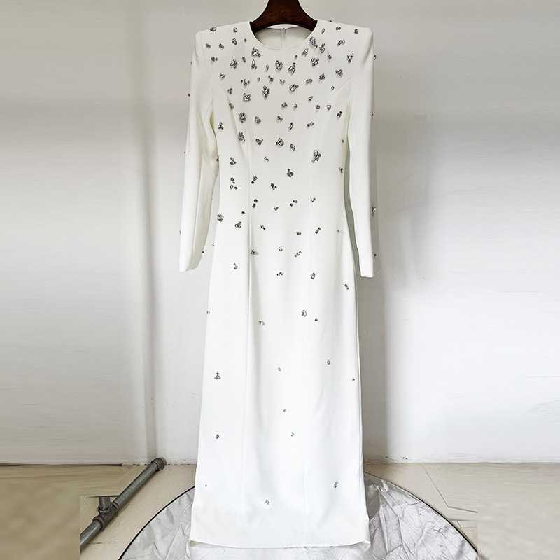 Elegant Long Sleeve A-Line Dress With Beading And Rhinestones - Image 3