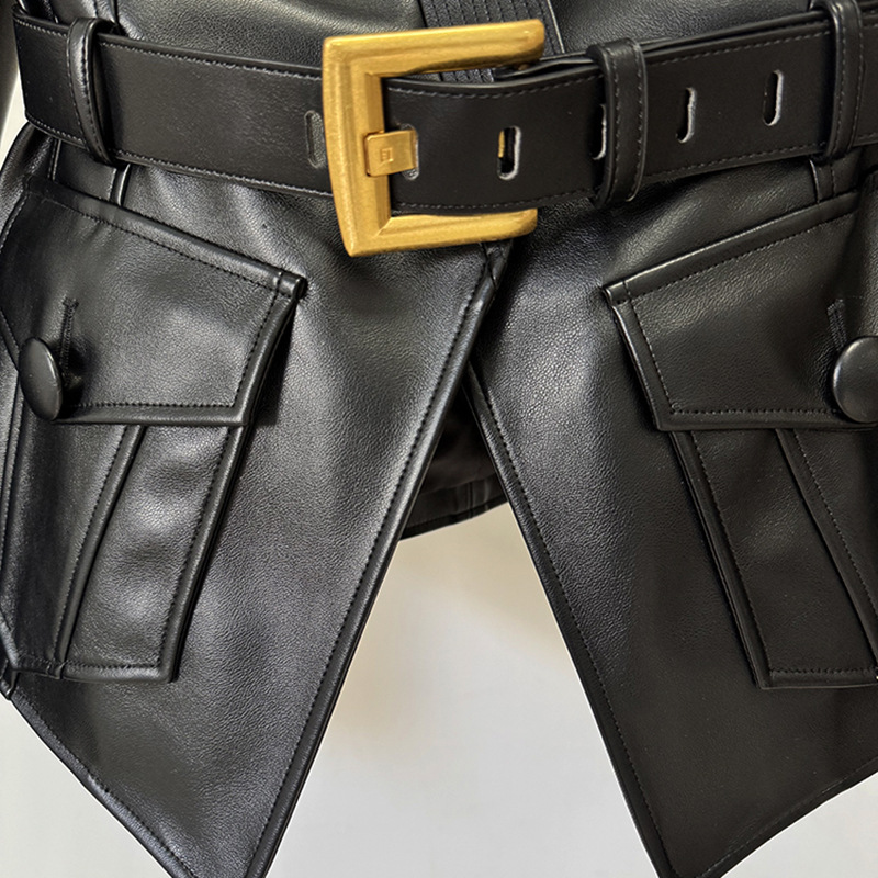 Fashionable Black Leather Jacket With Belt - Image 4