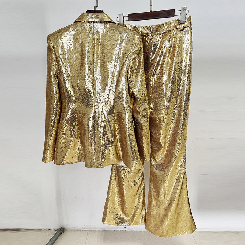 Gold Sequin Blazer And Trouser Set Stylish Two-Piece - Image 4
