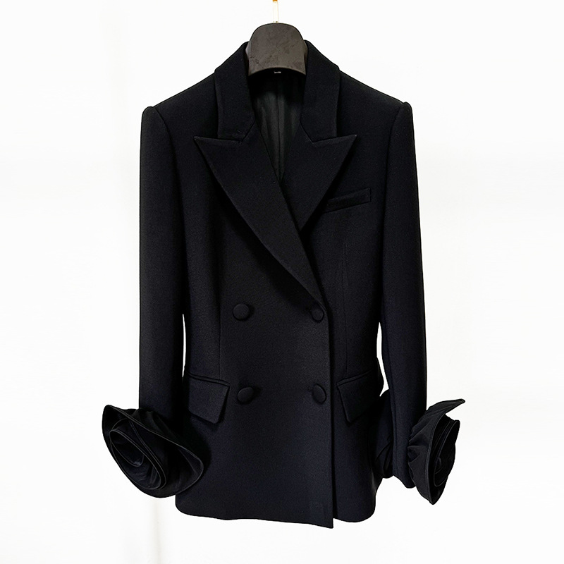 Stylish Double-Breasted Floral Embellished Blazer Jacket - Image 2