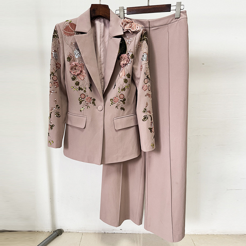 Fashionable Beaded Floral Jacket And Wide-Leg Pant Set - Image 6