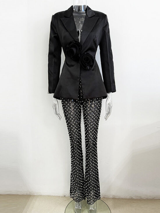 Hollowed Pearl Embellished Floral Blazer And Pants Set