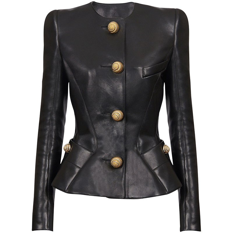 Fashionable Slim Fit Black Pu Leather Jacket With Snail Metal Buttons - Image 5