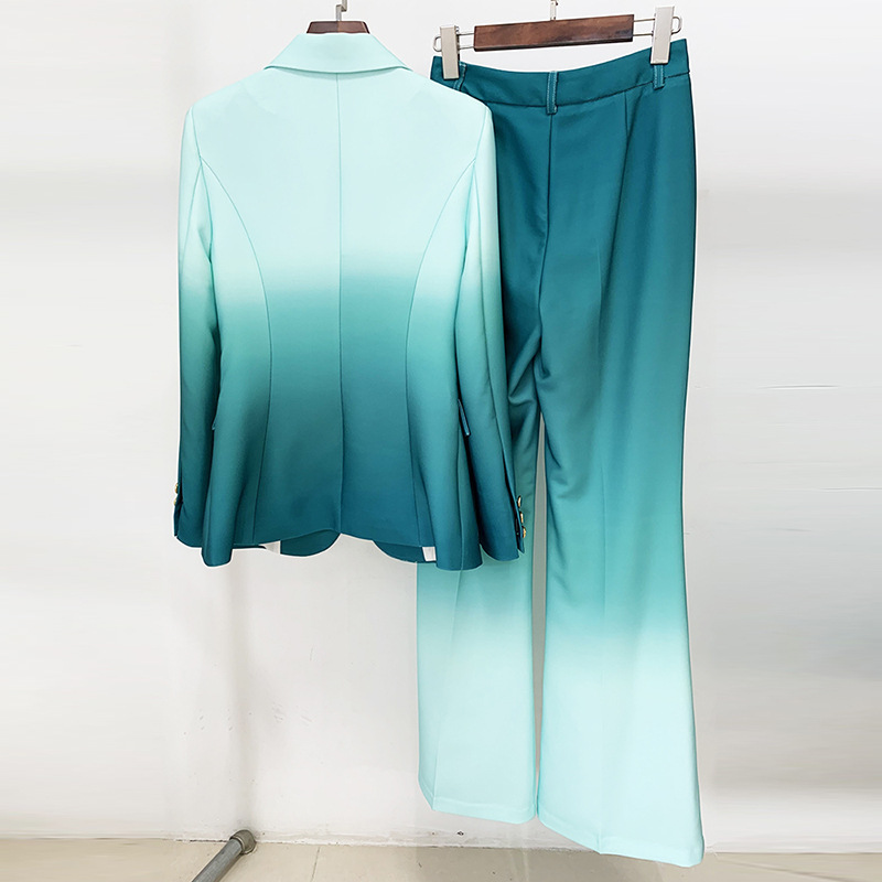 Fashionable Gradient Color Blazer And Flared Pants Set - Image 4