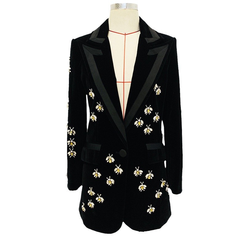 Stylish Fitted Bee Embellished Velvet Blazer - Image 5