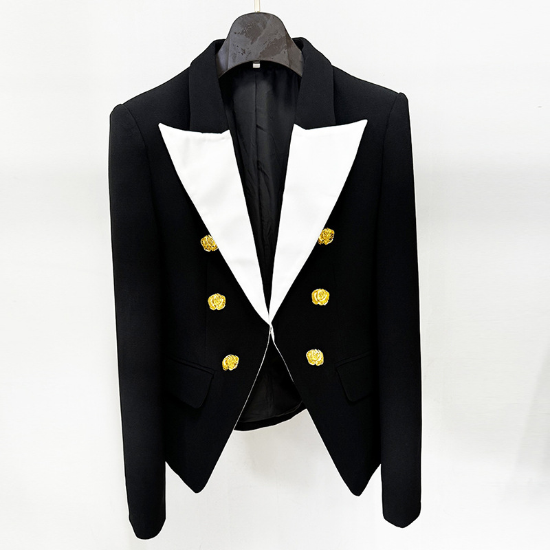 Fashionable Color Block Blazer With Metal Rose Button - Image 6