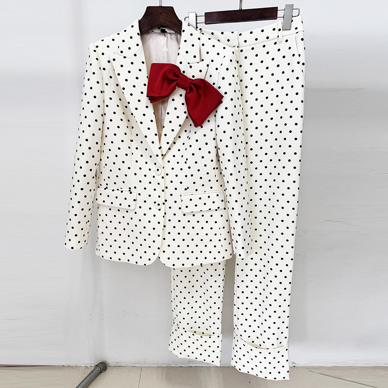 Polka Dot Blazer And Trousers Set With Bow Decoration - Image 3