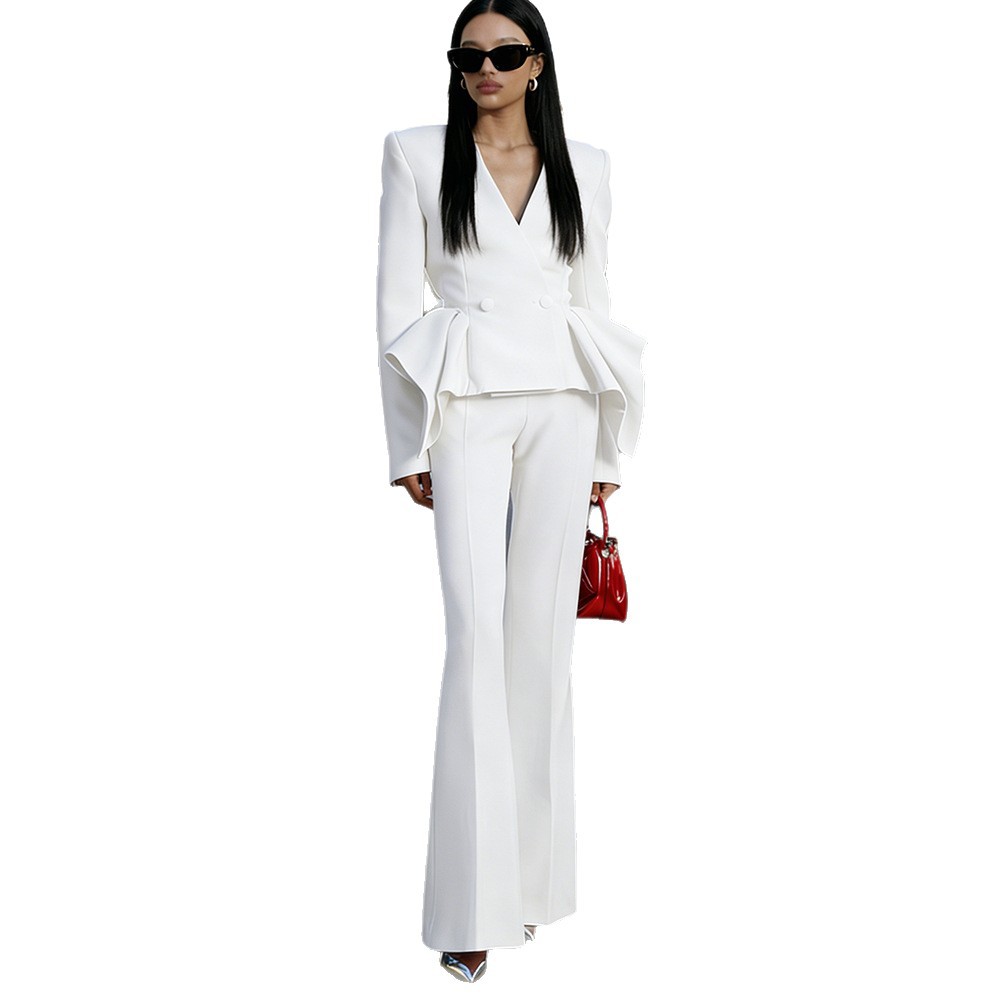 Stylish Ruffled Top Jacket And Flared Pants Set - Image 5