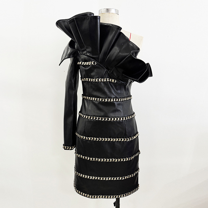 Stylish Asymmetrical Ruffled One-Shoulder Pu Dress - Image 2