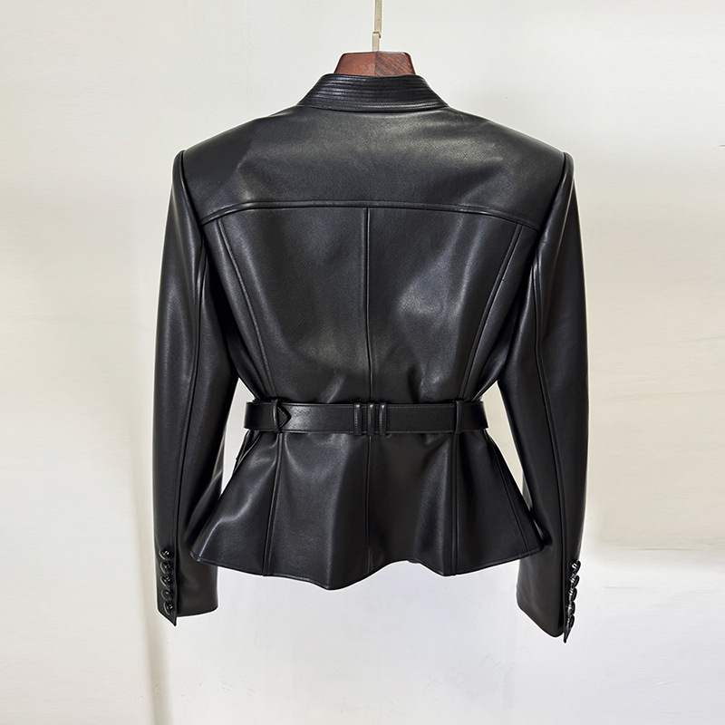 Fashionable Black Leather Jacket With Belt - Image 3